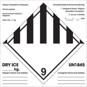 The MH-USA 6 x 6 dry ice shipping label features a black and white diamond design with Dry Ice, UN1845, weight spaces in kg, consignee, and shipper details. It comes in rolls of 500 with Shippers Declaration Not Required.