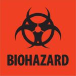 A black biohazard symbol above bold BIOHAZARD on an orange backdrop, similar to MH-USA 4 x 4 Biohazard Fluorescent Red Labels (500/Roll).