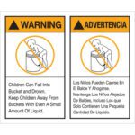 The MH-USA 5 x 6 - Warning Advertencia label set includes a bilingual warning with a crossed-out child near a bucket, advising to keep children away to prevent drowning even with minimal liquid, sold in a roll of 500 labels.