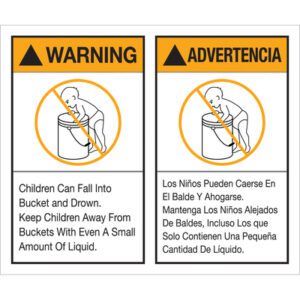 The MH-USA 5 x 6 - Warning Advertencia label set includes a bilingual warning with a crossed-out child near a bucket, advising to keep children away to prevent drowning even with minimal liquid, sold in a roll of 500 labels.