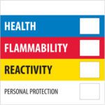 The MH-USA 2 x 2 label has color-coded sections for Health, Flammability, and Reactivity with checkboxes and a Personal Protection section. Its available in rolls of 500.