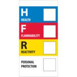 The MH-USA 1 x 2 safety label, part of the Health Flammability Reactivity series, includes sections in blue for Health, red for Flammability, yellow for Reactivity, and white for Personal Protection. Each section has a blank rating square. Comes efficiently packaged in rolls of 500.