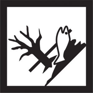 A black and white image captures a fish silhouetted, leaping over a tree branch on a diagonal within a square border—evoking the artistry and precision of MH-USAs Marine Pollutant Vinyl Labels (10 3/4 x 10 3/4, 100/Case).