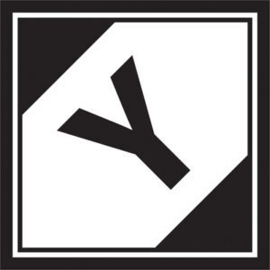 The MH-USA 4 1/4 x 4 1/4 - Y Regulated Labels (500/Roll) feature a bold black Y on a white background with a thick black border, divided into contrasting triangles: one white and one black.