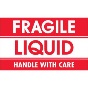 A red and white sign, like the MH-USA 3 x 5 Fragile - Liquid - Handle With Care labels (500/Roll), boldly warns with a cautionary message against a striped background.