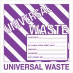 The MH-USA 6 x 6 - Universal Waste Labels feature diagonal stripes in purple and white, with spaces for contents, start date, shipper, address, city, state, and ZIP code. Sold in rolls of 500.