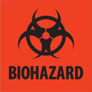 Orange square shows a black biohazard symbol with interlocking circles and bold BIOHAZARD, indicating hazardous materials. Ideal for MH-USA 2 x 2 - Biohazard Fluorescent Red Labels (500/Roll).