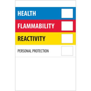 The MH-USA 2 x 3 labels have four categories: Health (blue), Flammability (red), Reactivity (yellow), and Personal Protection (white) with blanks for ratings. These Health Flammability Reactivity labels come in rolls of 500.