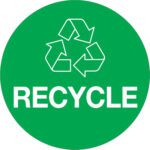 The MH-USA 3 Green Circle Recycle (500/Roll) features a white recycling symbol with three arrows in a triangle and the word RECYCLE in bold white capitals, ideal for eco-friendly labeling.