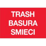 The MH-USA 2 x 3 red rectangle labels boldly display TRASH, BASURA, and SMIECI in white text, with each roll containing 500 labels for organized waste management.
