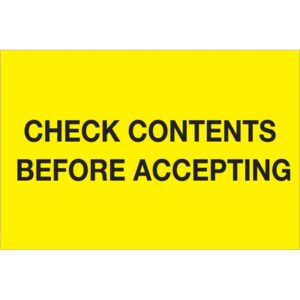 The MH-USA 4 x 6 fluorescent yellow labels with bold black text warn, Check Contents Before Accepting. These attention-grabbing alerts come in rolls of 500, ensuring you never miss a crucial verification step.