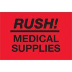 The MH-USA 2 x 3 labels in fluorescent red with bold black Rush - Medical Supplies text come in rolls of 500, ensuring youre ready for urgent medical needs.