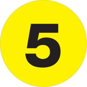 The MH-USA 4 Circle - 5 (Fluorescent Yellow) number labels feature a bold black number five on a vibrant yellow background. Sold in rolls of 500, they are designed for easy application and high visibility.