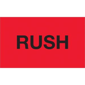 A bold red rectangle with the word RUSH in large black letters, similar to MH-USA 3 x 5 - Rush Fluorescent Red Labels (500/Roll).