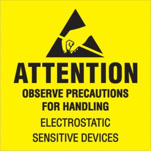 The MH-USA 2 x 2 fluorescent yellow label showcases a triangle with a line through a hand touching a surface and reads: Attention - Observe Precautions for Handling Electrostatic Sensitive Devices. Available in rolls of 500.
