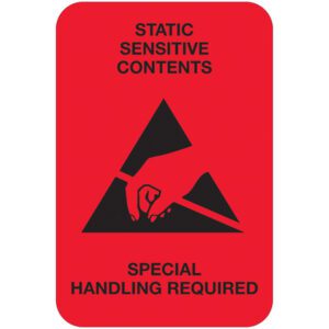 The MH-USA 2 x 3 fluorescent red label shows a hand touching a line inside a triangle, with the text STATIC SENSITIVE CONTENTS above and SPECIAL HANDLING REQUIRED below. Each roll contains 500 caution labels.