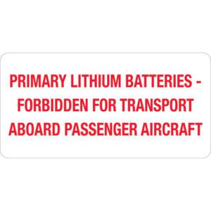The MH-USA 2 x 4 labels (500/roll) feature a red-text-on-white sign warning, Primary Lithium Batteries - Forbidden for Transport Aboard Passenger Aircraft.