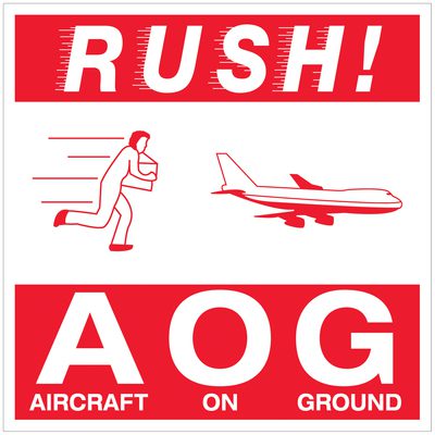 DL1376.jpg A vibrant red and white sign featuring RUSH! highlights a figure sprinting with a package beside a plane graphic. The bold AOG AIRCRAFT ON GROUND resembles the MH-USA 4 x 4 - Rush AOG - Aircraft On Ground Labels (500/Roll).