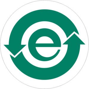 The Green circular logo with a lowercase e and two arrows pointing right and left, resembling the MH-USA 1 Circle (China RoHS) Labels, is set on a crisp white background for an eco-conscious branding touch.