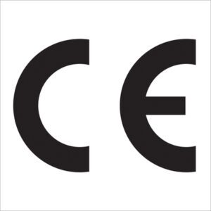 The CE logo on a white background signifies compliance with European regulations and is prominently featured on MH-USA 1 x 1 - C E Regulated Labels, available in rolls of 500 for convenient application.
