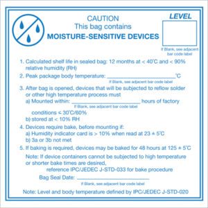 Check out our MH-USA 4 x 4 Caution Moisture Sensitive Devices Labels (500/Roll), designed for detailing storage conditions like humidity and temperature. They also provide essential guidelines on shelf life calculation, bake requirements, and sealing procedures for safe handling.