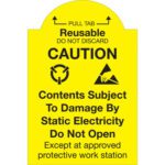 The MH-USA 2 x 3 caution label reads: Pull tab. Reusable. Do not discard. Warning: Contents may be damaged by static electricity; open only at approved workstations. Includes warning symbols and available as a roll of 500 labels under the name Pull Tab Reusable - Do Not Discard.