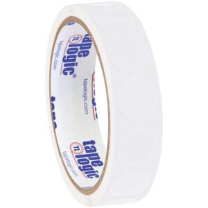 A roll of MH-USA 3/4 Circles - Clear Removable Labels (500/Roll) is displayed, featuring circular white stickers with an inner core labeled tape logic. The roll appears nearly full with the labels attached to a continuous strip.