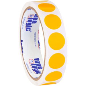 A roll of adhesive labels showcases vibrant yellow circles on a white background, with tape logic in blue and red branding. Its akin to the MH-USA 3/4 Circles - Fluorescent Orange Removable Labels (500/Roll) for its unique presentation.