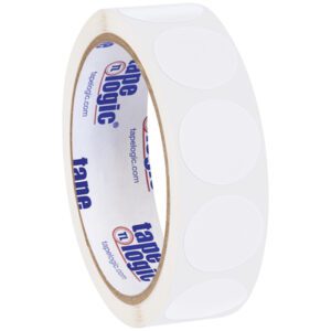 A roll of MH-USA 1 Circles - Clear Removable Labels (500/Roll) rests on a beige backing, featuring the tape logic logo and web address in vibrant blue and red.