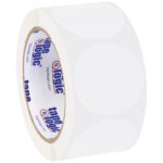 A roll of MH-USA 2 Circles - Clear Removable Labels (500/Roll) features a white backing and transparent, evenly spaced labels with blue and orange interior branding for a sleek, versatile look.