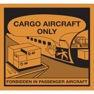 The MH-USA 4 3/8 x 4 3/4 Cargo Aircraft Only Labels feature an orange and black design with an airplane illustration, a hand signal, and a man unloading boxes. They include the text Forbidden in passenger aircraft and are available in rolls of 500.