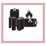 Inside a red striped border, battery icons appear, one ablaze with an explosion symbol, indicating a fire hazard warning for lithium batteries. Perfect for MH-USA 4 5/8 x 5 - Caution - Lithium Battery Handling Labels (500/Roll).