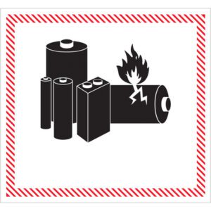 Inside a red striped border, battery icons appear, one ablaze with an explosion symbol, indicating a fire hazard warning for lithium batteries. Perfect for MH-USA 4 5/8 x 5 - Caution - Lithium Battery Handling Labels (500/Roll).