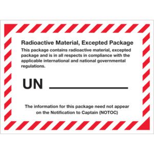 The MH-USA 4 3/8 x 3 1/4 Radioactive Material, Excepted Package labels, with a blank UN identifier and red striped border, indicate compliance with regulations. They dont need to be on the NOTOC and come in rolls of 500.