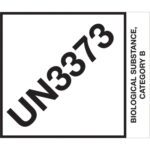 The MH-USA 4 x 4 3/4 labels feature UN3373 in bold black diagonally on a white background with a black border, and Biological Substance, Category B in capital letters to the right. They are available in rolls of 500.