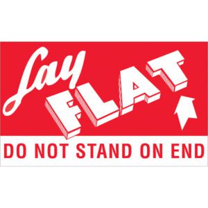 The MH-USA 3 x 5 labels feature a red and white design with bold text: Lay FLAT and DO NOT STAND ON END, plus an upward arrow, available as Labels (500/Roll).