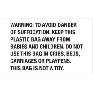 MH-USA 3 x 5 - Warning: To Avoid Danger... label: Keep away from babies and children to prevent suffocation. Never use in cribs, beds, carriages, or playpens. The label is not a toy. Conveniently available in rolls of 500 labels.