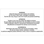 The MH-USA 3 x 5 label, in English, French, and Spanish, warns against using the bag in cribs, beds, carriages, or playpens due to suffocation risks from its thin film. Available on a roll of 500 labels.
