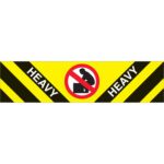 A rectangular sign with diagonal black and yellow stripes, featuring a red circle and slash over a person lifting a box, displays HEAVY in bold white letters twice on the black stripes, similar to MH-USA 2 x 8 - Heavy Labels (500/Roll) for clear weight warnings.