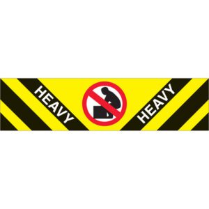 A rectangular sign with diagonal black and yellow stripes, featuring a red circle and slash over a person lifting a box, displays HEAVY in bold white letters twice on the black stripes, similar to MH-USA 2 x 8 - Heavy Labels (500/Roll) for clear weight warnings.