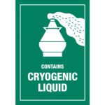 A green safety label shows a container with liquid flowing and vaporizing. The bold white text states CONTAINS CRYOGENIC LIQUID. Ideal for MH-USA 3 x 4 1/4 - Contains Cryogenic Liquid Labels (500/Roll).
