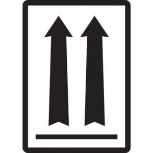 A road sign, similar to the MH-USA 3 x 4 1/4 labels, shows two bold black upwards arrows on a white rectangular background, signaling a dual carriageway ahead.