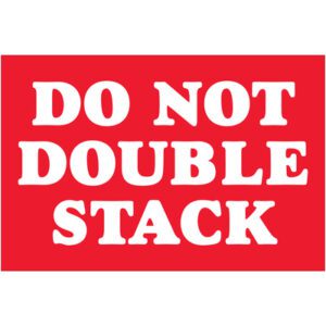 The red sign with bold white text, DO NOT DOUBLE STACK, mirrors the MH-USA 2 x 3 labels (500/Roll), ideal for essential warnings in packaging.