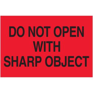 The MH-USA 2 x 3 fluorescent red label features a bold DO NOT OPEN WITH SHARP OBJECT warning in black letters, ensuring high visibility. Available in rolls of 500 for convenient use.