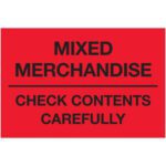The MH-USA 2 x 3 labels feature bold black text MIXED MERCHANDISE on fluorescent red, separating to CHECK CONTENTS CAREFULLY by a line, with 500 labels per roll.
