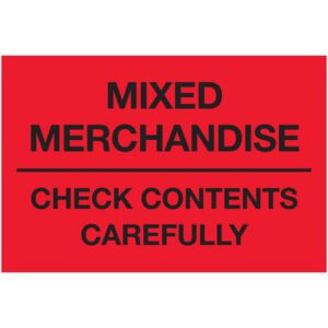 The MH-USA 2 x 3 labels feature bold black text MIXED MERCHANDISE on fluorescent red, separating to CHECK CONTENTS CAREFULLY by a line, with 500 labels per roll.