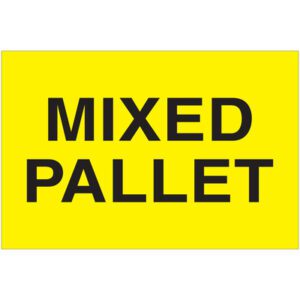 A yellow sign with bold black text reads MIXED PALLET, resembling the vibrant MH-USA 2 x 3 Mixed Pallet Fluorescent Yellow labels, available in rolls of 500.