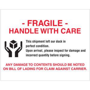 The MH-USA 8 x 10 Fragile - Handle With Care Labels (250/Roll) feature red text and a hands-holding-box icon. They advise inspecting shipments for damage on arrival and noting any issues on the bill of lading to support claims.