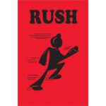 A dynamic black figure races forward on a fluorescent red background with speed lines, holding an object. The bold word Rush crowns this scene, perfect for MH-USA 4 x 6 labels (500/roll), conveying urgency and motion.