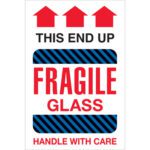 The MH-USA 4 x 6 label shows three red arrows pointing up with THIS END UP on top, FRAGILE GLASS in red amid blue stripes, and HANDLE WITH CARE in red at the bottom. Each roll contains 500 labels to protect your items.